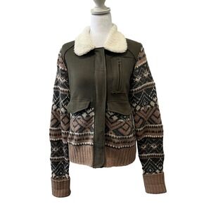 We The Free Fair Isle Bomber Jacket Sherpa Wool Green Knit Zip Women's Small